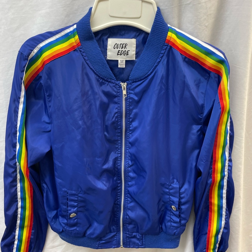 Outer Edge Blue Zip Down Jacket With Rainbow Stri… - image 3